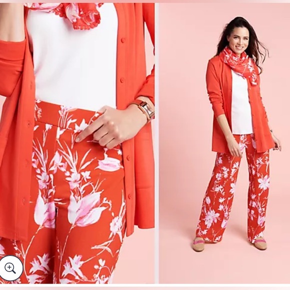 Isaac Mizrahi Pebble Knit Wide-Leg Pants Red/Orange Floral_Womens_1X - Picture 2 of 8